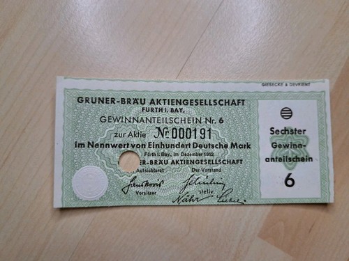 Anteilschein brauerei furth - brauerei, im