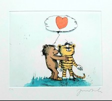 JANOSCH  Farb- Radierung Handsigniert seltenes E.A. Exemplar Herz Bär Tiger