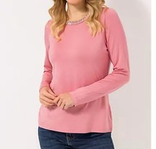 VIA MILANO Shirt, 1/1-Arm Rundhalsausschnitt mit Ziersteinen Gr:42