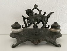 ALTES TINTENFASS MIT JAGDHUND HUND SCHREIBTISCHGARNITUR METALL ANTIK