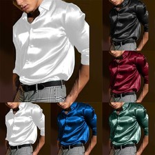 Herren Satin Seidenhemd langarm Casual Button Down Hemd für Hochzeit und Party