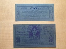 RAFFINGS: 10 und 50 Heller, Papier graublau, Druck grauviolett