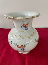 Antik: SCHUMANN Porzellan-VASE Signiert Handmalerei (Löwen-Stempel) weiß, Blumen