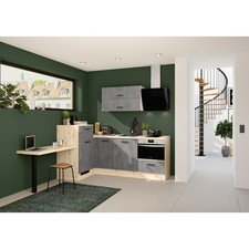 IMPULS Winkelküche - Beton schiefer dunkelgrau - Eiche - Ansetztisch links -