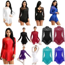 Frauen Strass Ballettkleid Eiskunstlauf-Kleid Langarm Trikot Turnanzug Tanzkleid