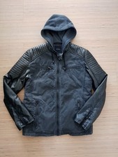 Herren Kunstlederjacke mit Sweatshirt Kapuze Bikerjacke 2in1 - Schwarz Gr. XL