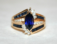 Vintage 14K Gelbgold blauer Marquise Saphir & Diamant großer Ring Größe 7,5