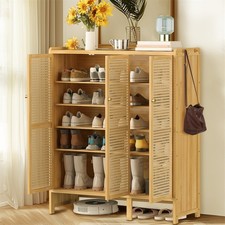 Schuhschrank Bambus Schuhregal mit Tür Rattan Schuhablage Natur mit Schirmhalter