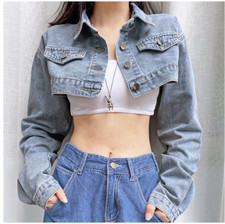 KURZ DENIM JACKE CROP JEANSJACKE BLAU OVERSIZE VINTAGE 80 90 BOLERO 