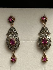 Antike Ohrringe 9Kt Roségold / Silber & Diamanten Rubine Viktorianisch