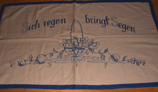 Antikes Wandschoner Ziertuch Stickerei blau Spruch "Sich regen..." (13514)