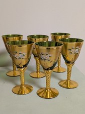 6 Vintage BOHEMIA Wein Gläser in Grün Gold mit aufgesetzter Emaillemalerei