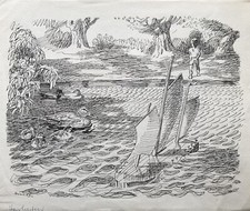 Karl Adser 1912-1995 Junge mit Modellsegelboot am See Entenfamilie Dänemark