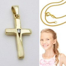 Kinder Taufe Kommunion Kreuz Zirkonia Anhänger Gold 585 mit Silber Kette vergold