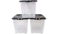 Strata 3 x 65L Stapelbare Kunststoff Aufbewahrungsboxen mit Clipdeckel Klar Grau 3er Pack