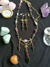 TURMALIN Schmuckset Collier Ohrringe KNOTEN KREUZ Geburtsstein OKTOBER ZWILLINGE