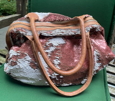 PAILLETTEN-TASCHE  - ECHT LEDER - BEUTEL-TASCHE - FARBE LACHS-ROT-BEIGE