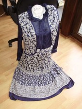 Ina 70er Vintage Kombination Stufenrock Rüschen Bluse Weste blau beige S 36/38