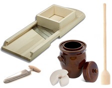 Holz-Krauthobel-Gemüsehobel 3 Messer Gärtopf 5L Krautstampfer Strunkstecher