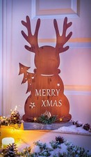 LED-Gartenstecker Dekofigur Elch Merry Xmas aus Metall, Naturrost