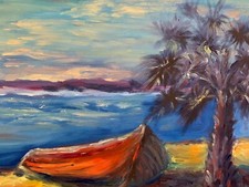 ÖLGEMÄLDE SEE LANDSCHAFT MIT BOOT AM UFER RUDOLF DOBNER 1938-2018 45x30cm