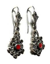 Solide 925 Silber Ohrringe Ohrhänger mit Koralle + Markasit im antiken Stil
