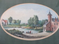 Flusslandschaft mit Fischern und Kirche - J. Tavernier - sign. Gouache - 19. Jh.