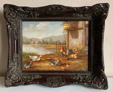 Ölgemälde FEDERVIEH Original Holz Malplatte handgemalt Massiver Rahmen Barock