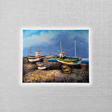 ORIGINAL Ölgemälde auf Leinwand | Fischerboote in der Bretagne | Signiert: TOUAR