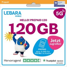 LEBARA HELLO! 120 Prepaid SIM-Karte | Allnet-Flat Telefonie & SMS | 120 GB Daten