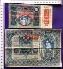 Österreich Ungarn 10 Kronen 1915, 1000 Kronen 1902 - Lot 2 Scheine Erh IV