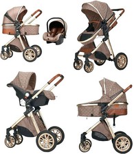 3in1 Kinderwagen Kombi Babywanne Buggy + Auto Babyschale viel Zubehör Khaki/Gold
