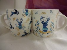 2 Kaffeetassen mit Hirsch Weiß Blau Gold Kaffeebecher Weihnachten Tasse Becher