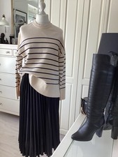 Zara Pullover Oversize Strickpullover Seitenschlitze Creme Schwarzgestreift Gr.M