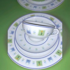 Hibben Tee Service 6 Personen Serie 55 Ostfriesland Porzellan weiß blau grün 