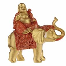 Lachender Buddha auf Elefant Gold, Statue Lachender Buddha + Elefant