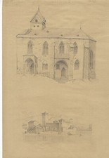 Kirche u. Festung (evtl. Italien) - Bleistift-Zeichnung, um 1900