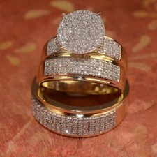 4Ct Rund Geschliffen Künstlicher Diamant Ihn & Sie Trio Ring Set 14K Gelbgold