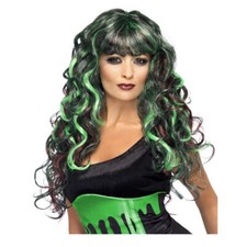 Perücke Damen Langhaar Pony  gewellt,Strähnen, Hexe, Meerjungfrau, Waldfee,grün