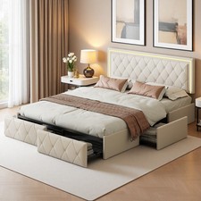 Polsterbett Doppelbett 140x200cm PU Bettgestell mit 4 Schubladen Lattenrost LED