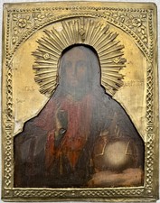 Original alte russische Ikone JESUS PANTOKRATOR, 19 Jh., Oklad, 31,5 x 24,5 cm.