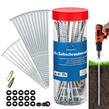 18 Schraubheringe + Transportbox Bit Stahl Heringe Erdnägel Camping Zelt Vorzelt