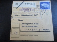 #385 Paketkarte aus SCHWELM an Triumphator-Werk Leipzig-Mölkau
