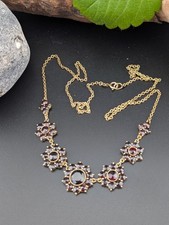 Collier Kette AM Double Schmuck Granat Blumen floral Schliff alt vintage