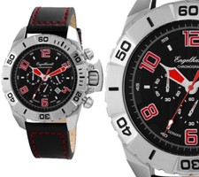 Herrenuhr Armbanduhr Chronograph Schwarz Rot Silber Leder von ENGELHARDT 269 UVP