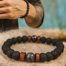 Lava Stein Armband Herren Damen – Holzperlen & Buddha Design – Geschenkidee