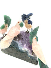 Kakadu Vogel Rosenquarz Steinfigur Gruppe Amethyst Druse 1.480g Halbedelstein
