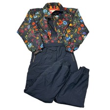 Vintage Skianzug Einteiler Blumen Apres Retro Schnee 90er schwarz Damen UK14 IT46