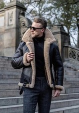 Herren B3 RAF Bomber Schwarz Flieger Fell Gefüttert Lammfell Echt Leder...