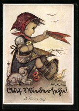 Künstler-AK Hummel: Mädchen mit Lamm winkt 